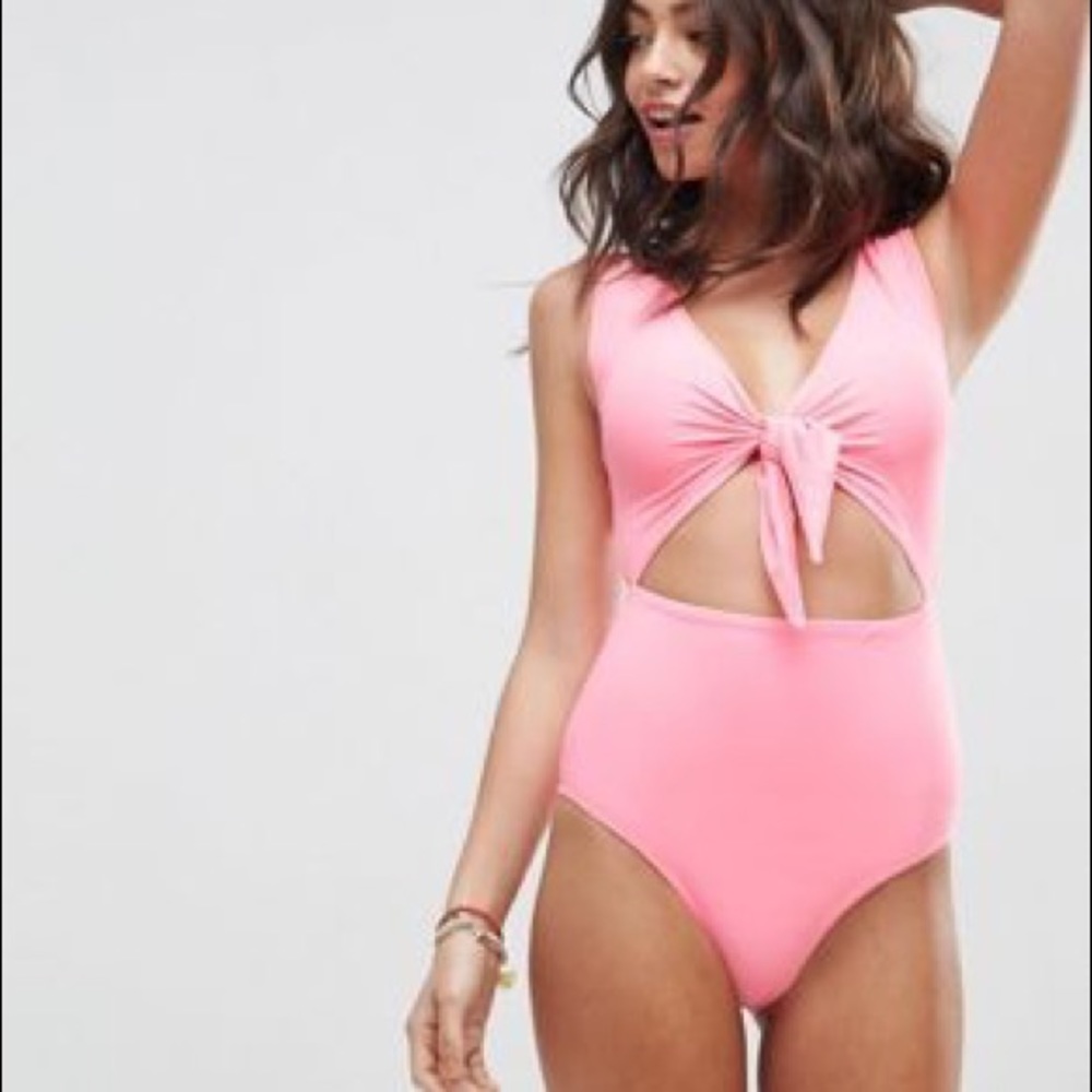 Pink swimsuit.